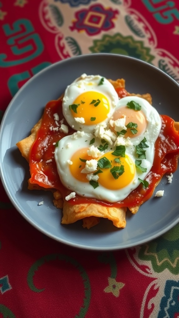 A plate of Chilaquiles Rojos topped with fried eggs, garnished with herbs and cheese.