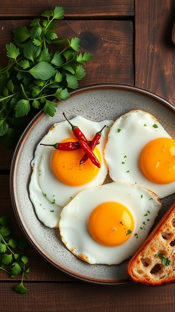 Three fried eggs with chili crisp and cilantro on a plate, accompanied by a slice of toasted bread.
