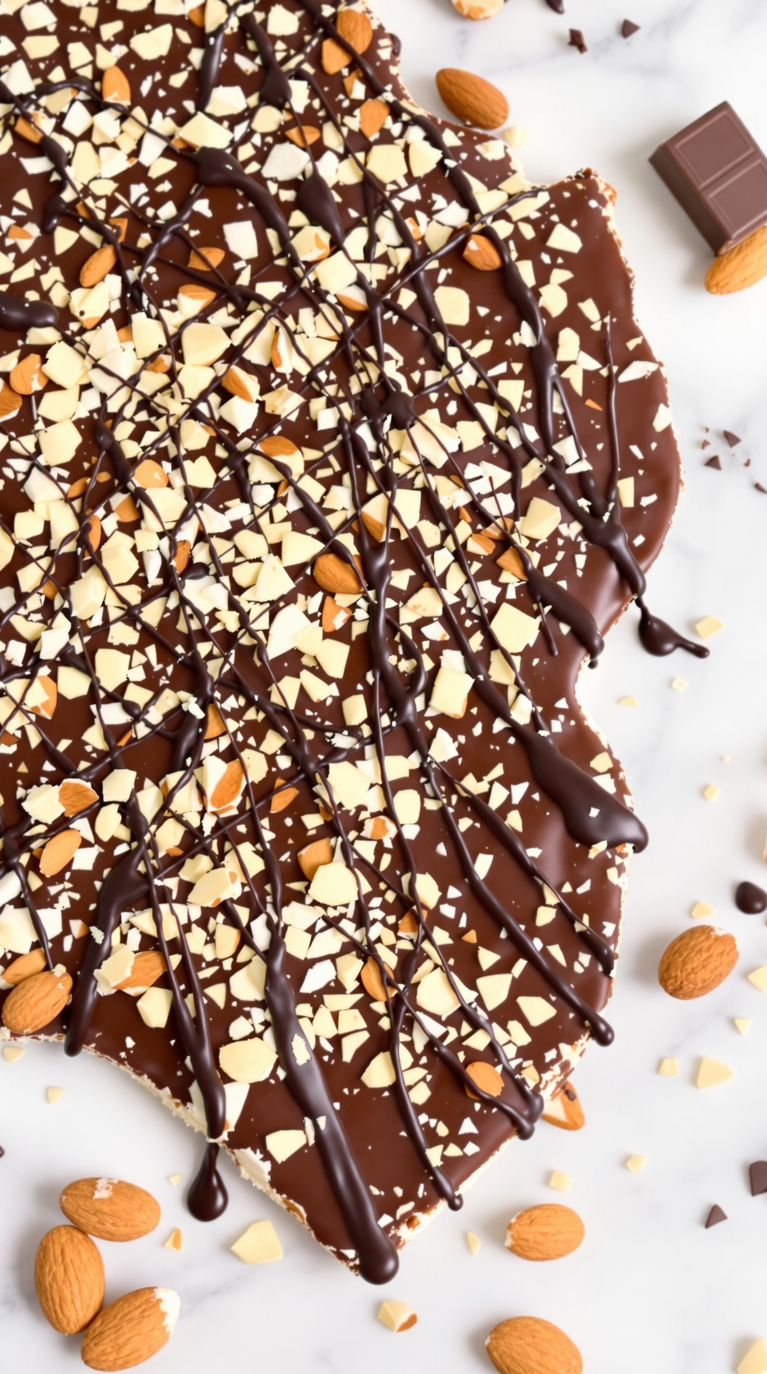 Chocolate Almond Crunch Cottage Cheese Bark topped with chopped almonds and drizzled with dark chocolate