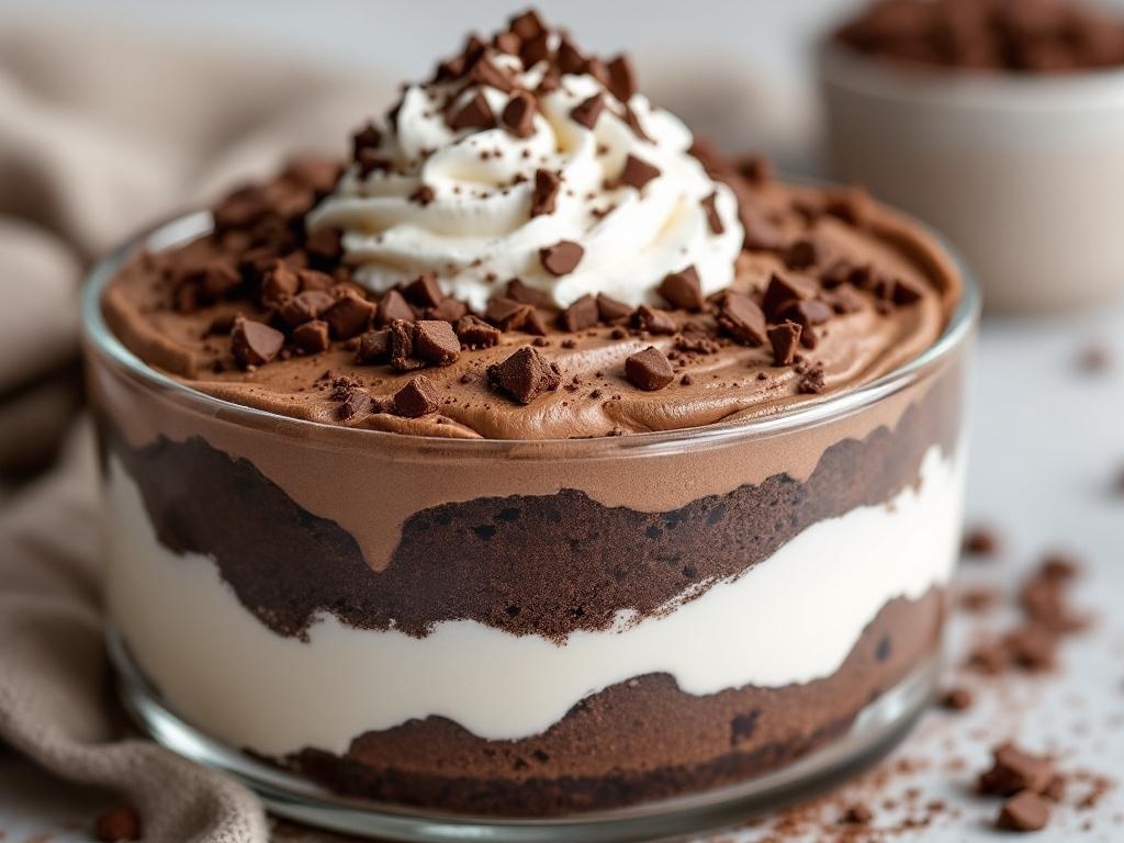 A delicious Chocolate Brownie Mocha Trifle with layers of brownie, mocha pudding, and whipped cream, topped with chocolate shavings.
