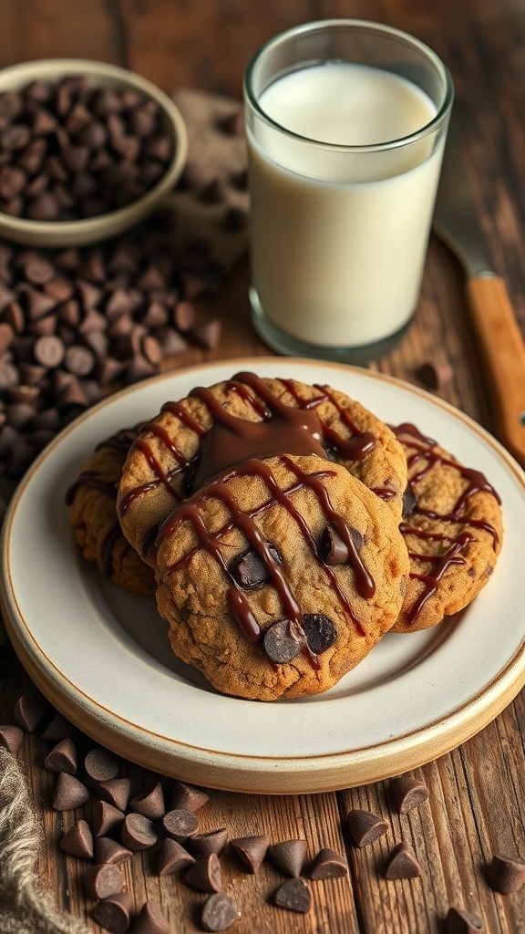Plate of chocolate cake mix cookies drizzled with fudge, surrounded by chocolate chips and a glass of milk.