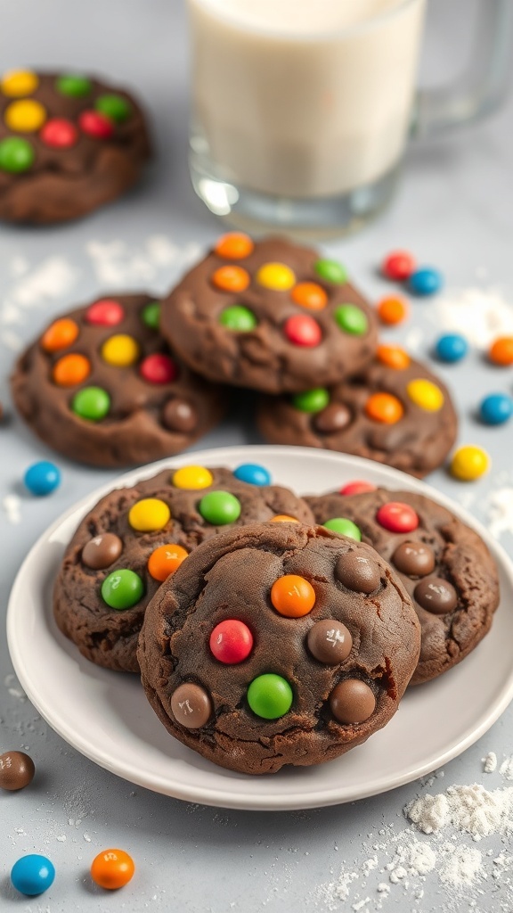 Plate of chocolate cake mix cookies topped with M&M'S, with a glass of milk in the background.