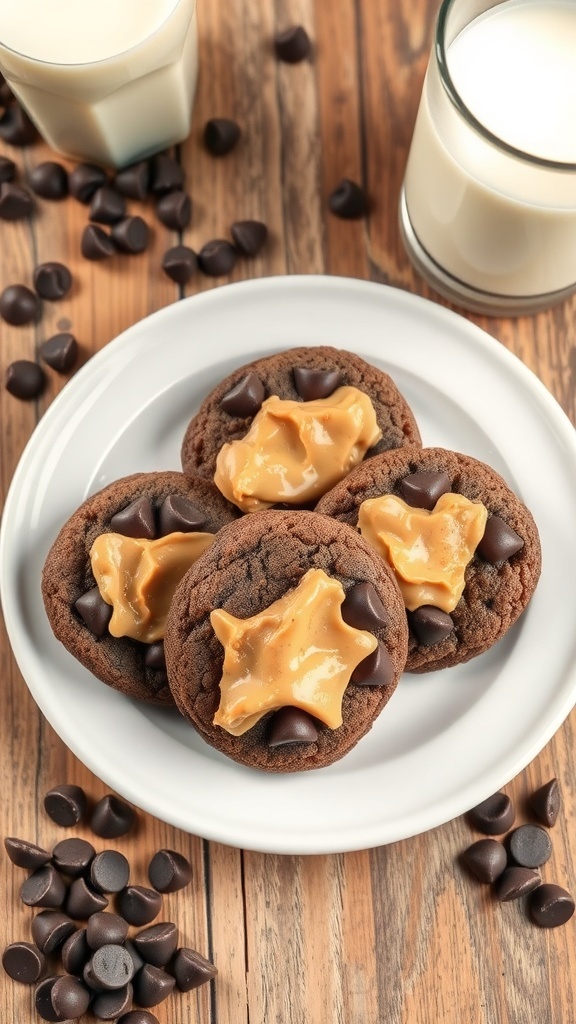 Chocolate cake mix cookies topped with peanut butter and chocolate chips on a white plate, with milk glasses in the background.