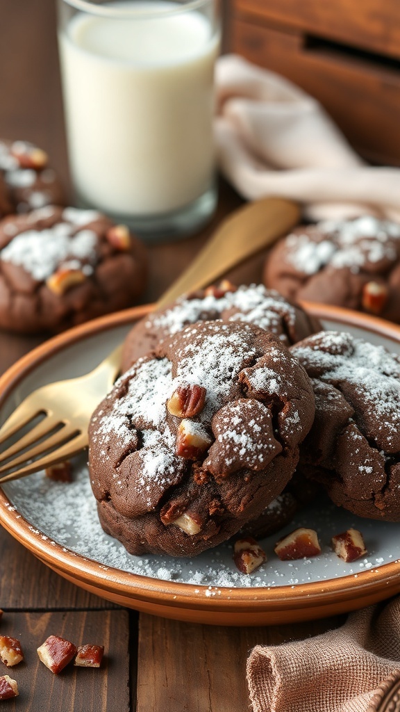 Chocolate cake mix cookies with pecans on a plate, dusted with powdered sugar, alongside a glass of milk.