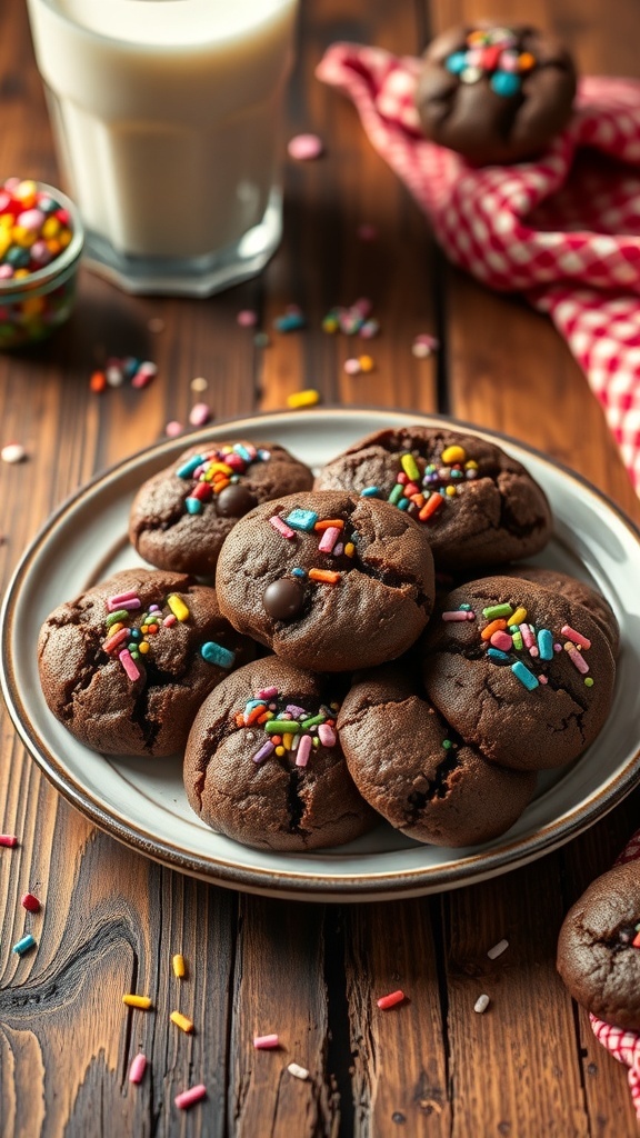 A plate of chocolate cake mix cookies with colorful sprinkles and a glass of milk.