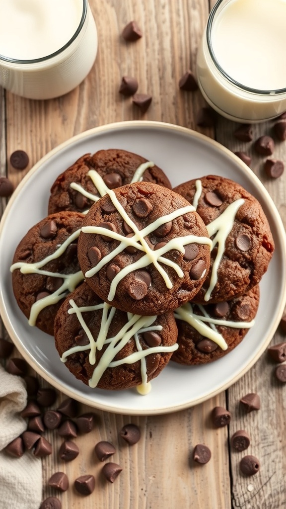 Chocolate cake mix cookies topped with white chocolate drizzle and chocolate chips, served with glasses of milk.