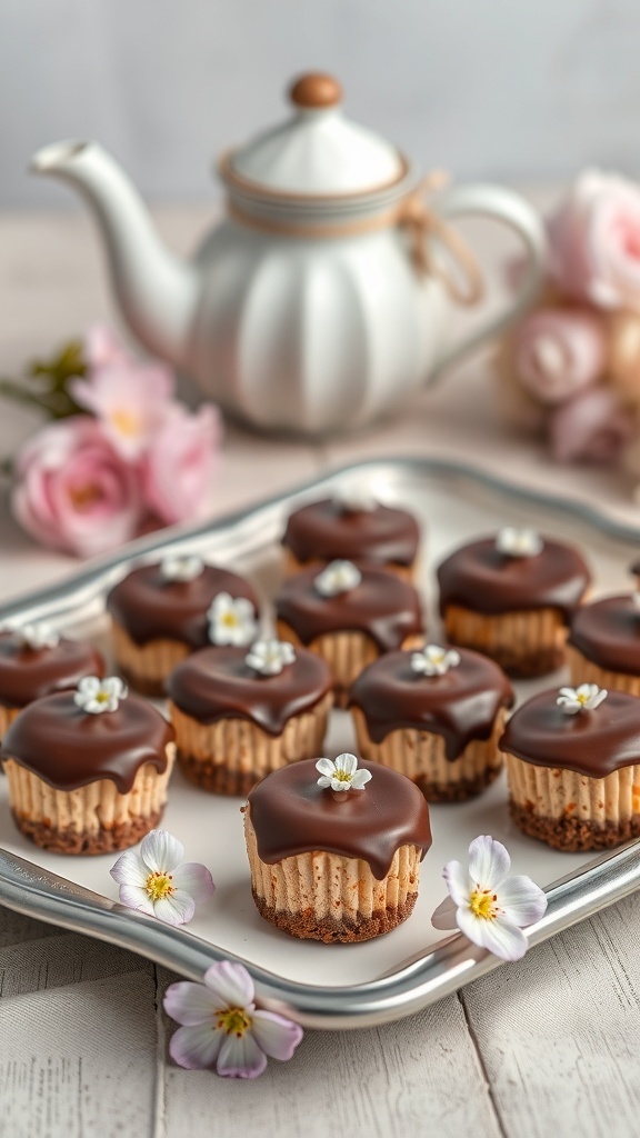Chocolate covered cheesecake bites on a silver tray with flowers and a teapot in the background