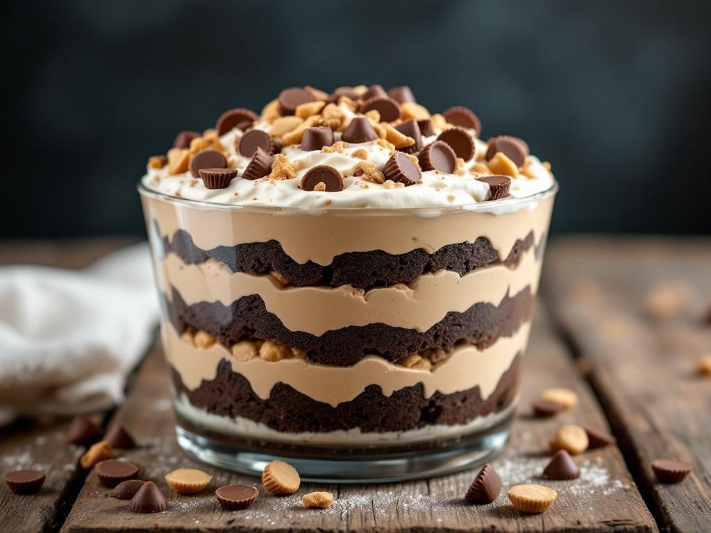 A delicious Chocolate Peanut Butter Cup Trifle with layers of chocolate cake, peanut butter mousse, and topped with mini peanut butter cups.