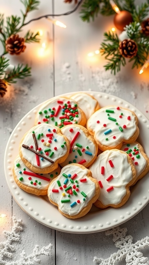 A plate of decorated Christmas cookies with frosting and sprinkles
