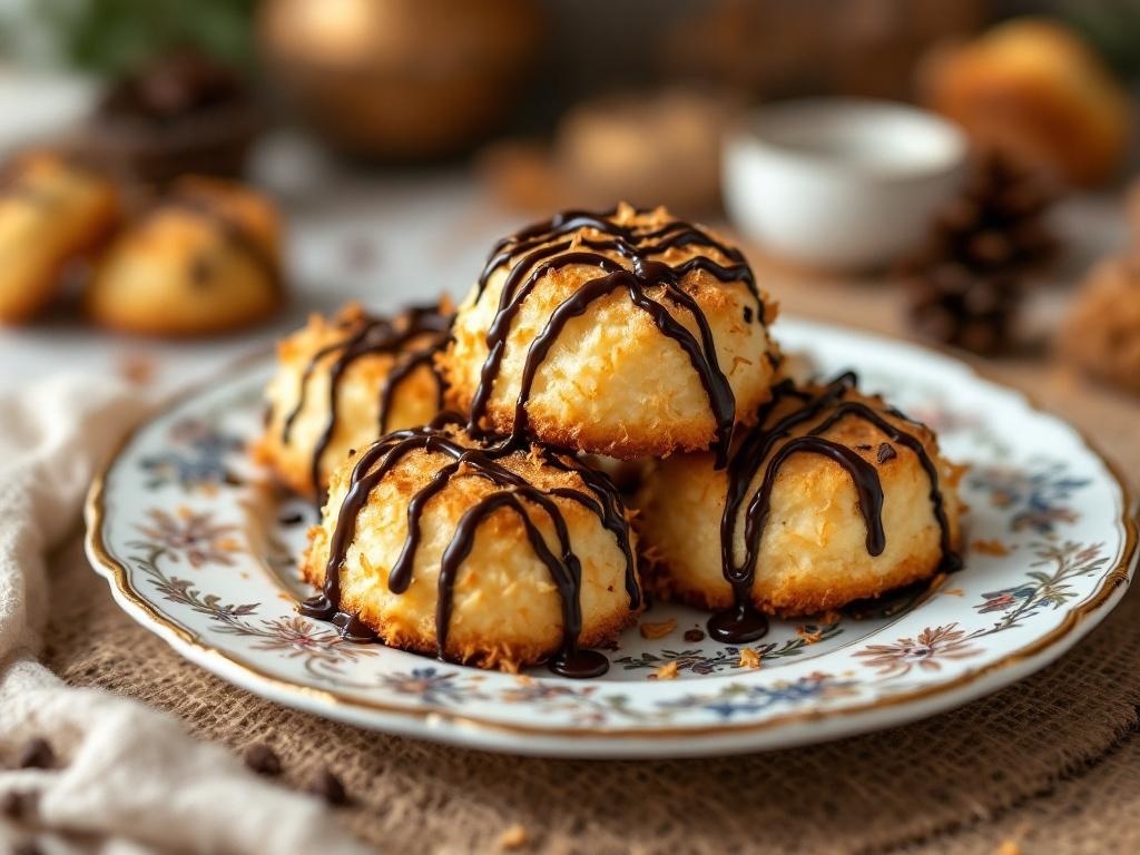 A plate of coconut macaroons drizzled with chocolate, showcasing a sweet treat.