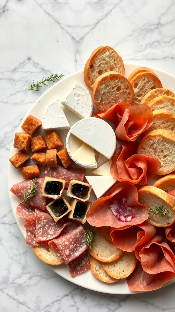 A classic French charcuterie platter featuring cured meats, cheeses, breads, and fig jam.