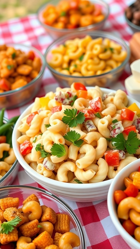 A bowl of classic macaroni salad surrounded by various other dishes on a checkered tablecloth.