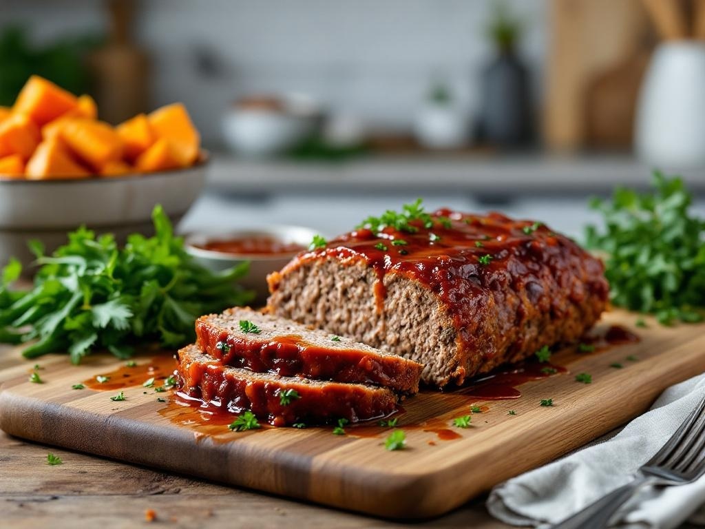 A beautifully cooked Paleo meatloaf sliced and garnished with herbs, served with sweet potatoes.