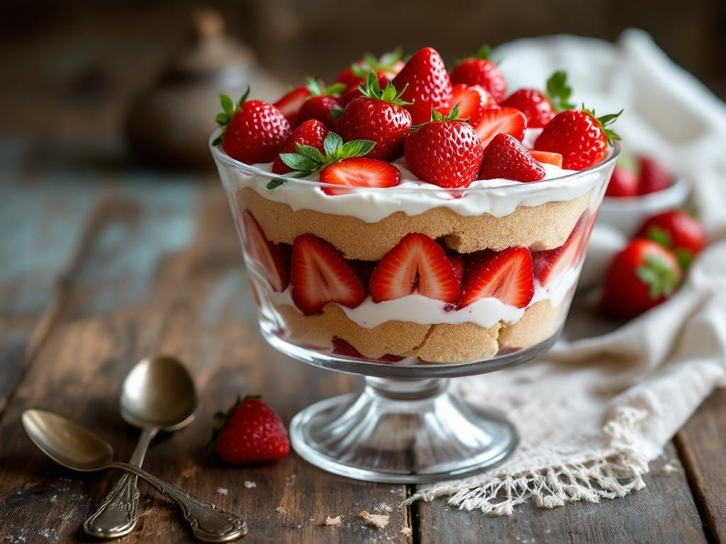 A classic strawberry shortcake trifle with layers of strawberries, whipped cream, and cake.