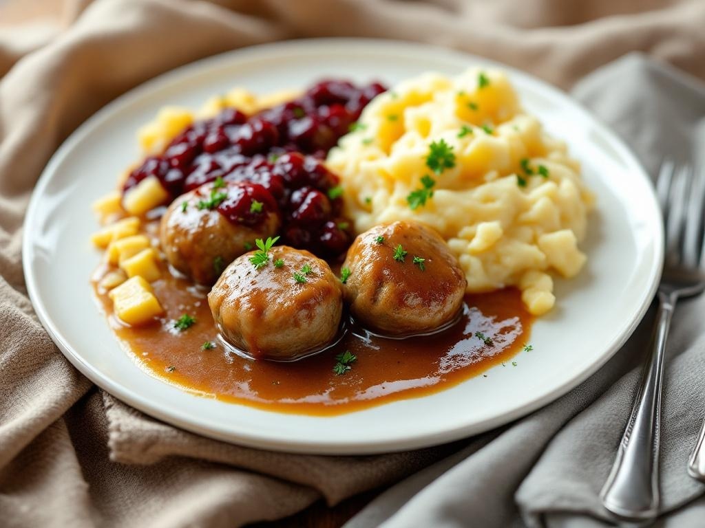Plate of Swedish meatballs with creamy gravy, mashed potatoes, and berry sauce