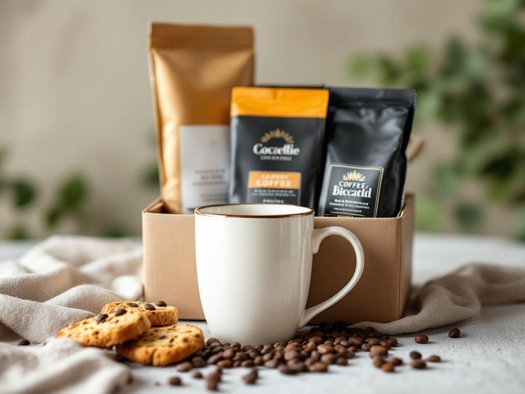 A cozy coffee gift basket with a white mug, coffee bags, and cookies.