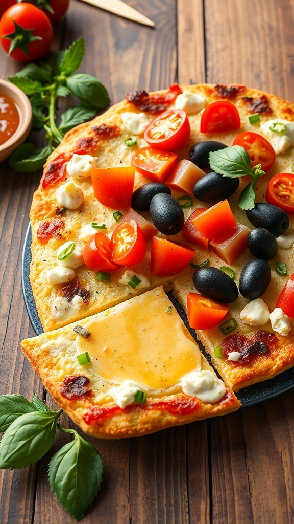 Cold veggie pizza squares topped with tomatoes, olives, and herbs on a wooden table