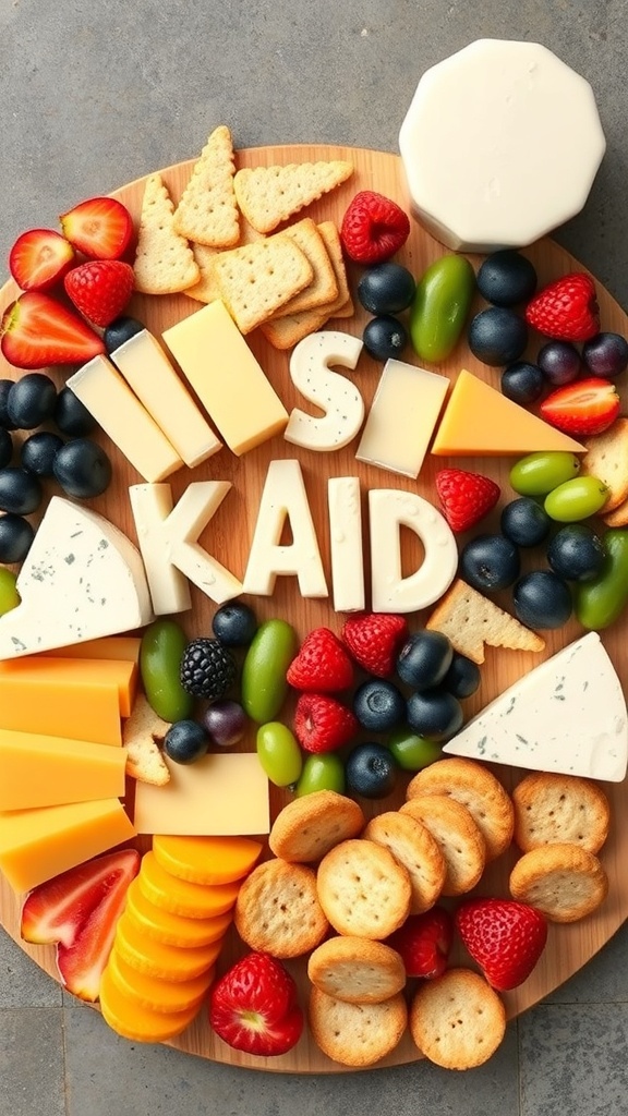A colorful kid-friendly charcuterie platter with fruits, cheeses, and crackers arranged playfully.