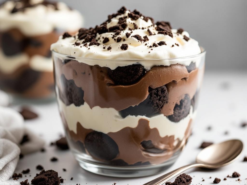 A delicious cookies and cream fudge trifle layered with chocolate pudding, cream, and crushed cookies.