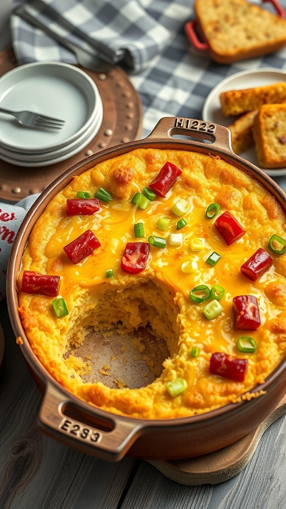 A delicious cornbread casserole topped with cheese, peppers, and green onions in a baking dish.