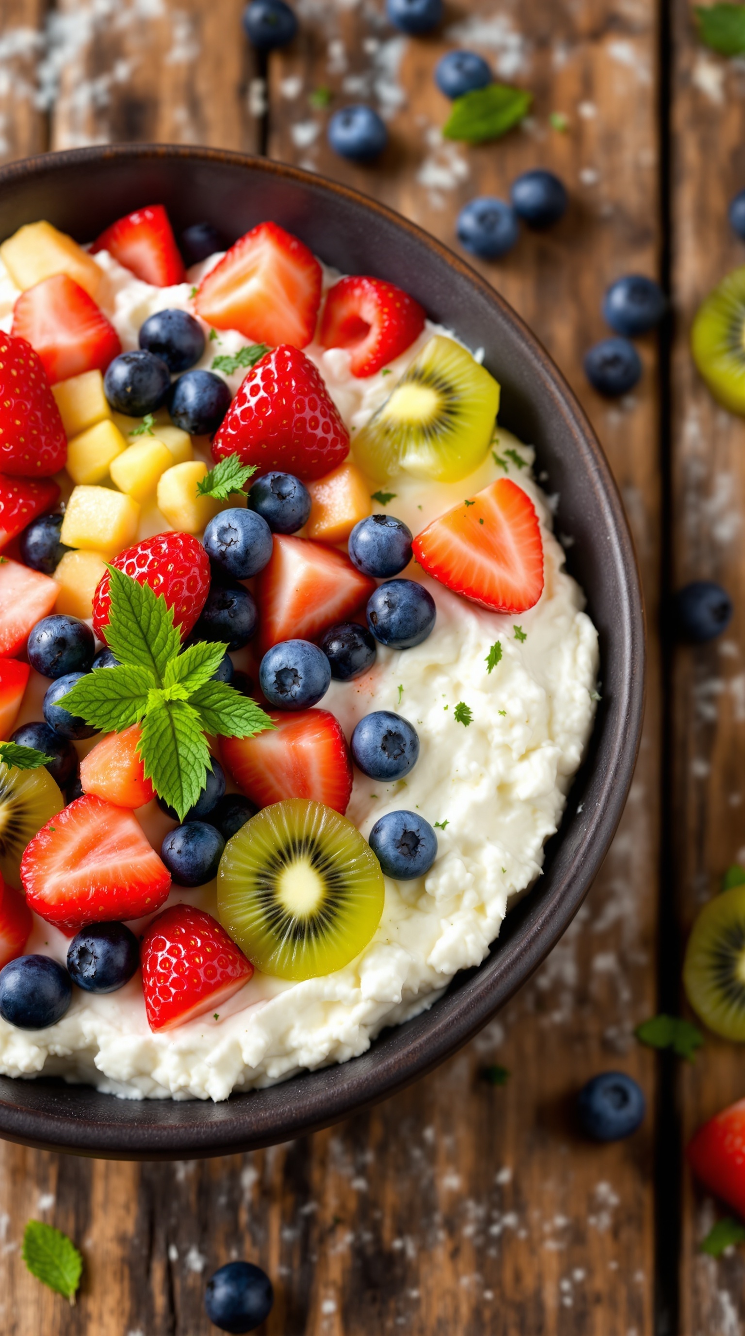 A bowl of cottage cheese topped with fresh fruits like strawberries, blueberries, kiwi, and mango, garnished with mint leaves.