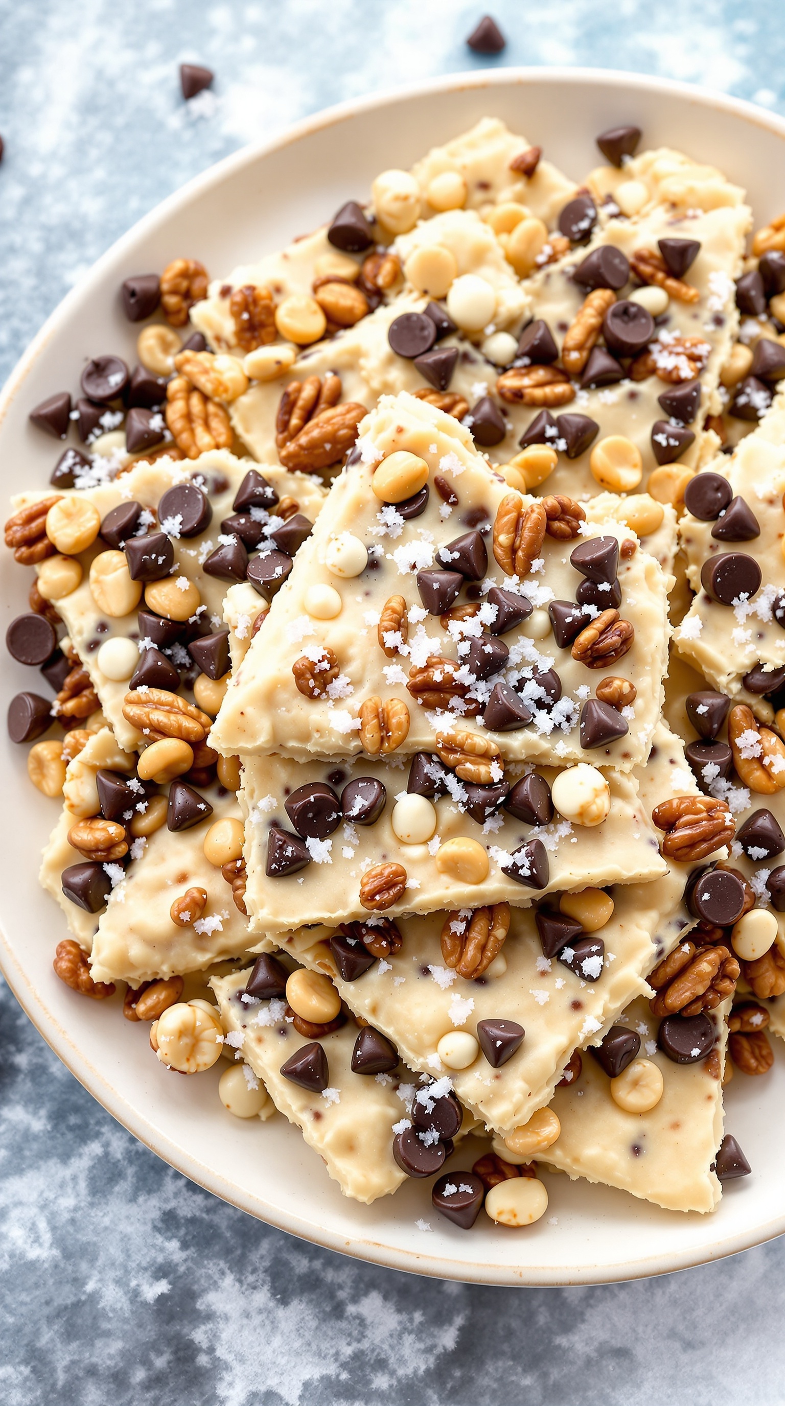 A plate of Cottage Cheese Cookie Dough Bark topped with chocolate chips and nuts.