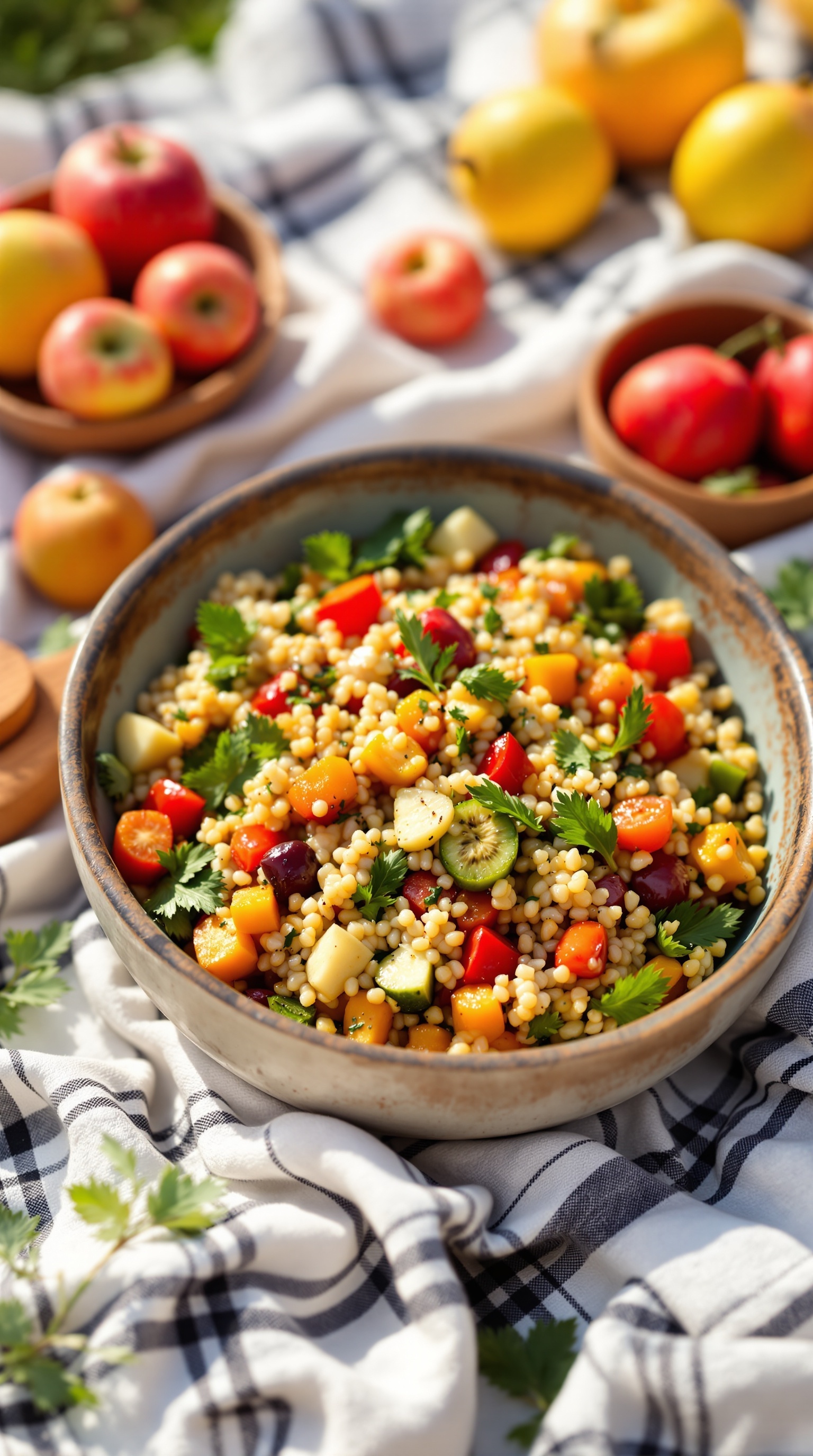 A bowl of couscous salad with colorful roasted vegetables, garnished with fresh herbs, set on a picnic blanket.