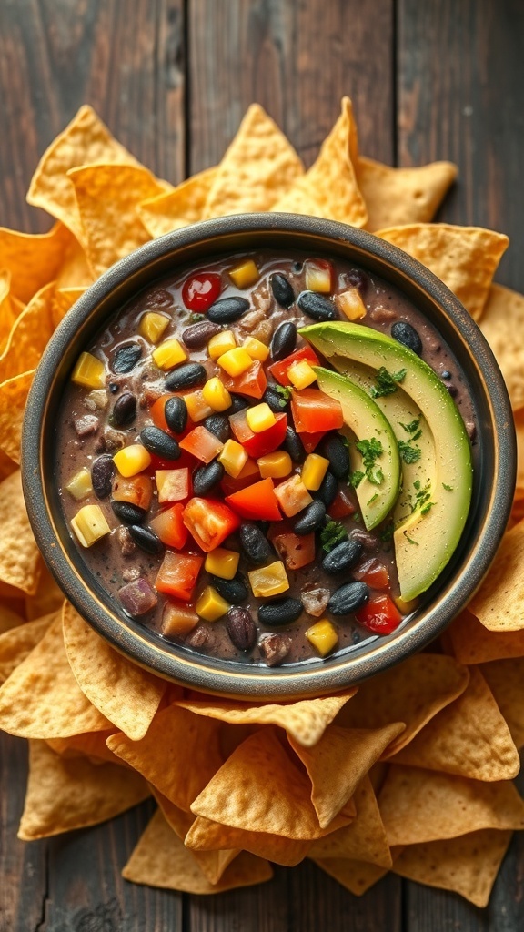 A bowl of Cowboy Caviar Dip surrounded by tortilla chips, featuring black beans, corn, tomatoes, and avocado.