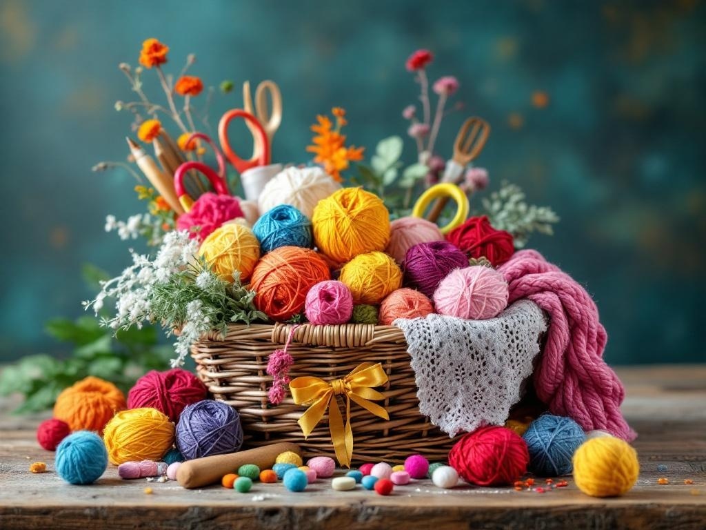 A colorful basket filled with yarn, scissors, flowers, and crafting supplies.