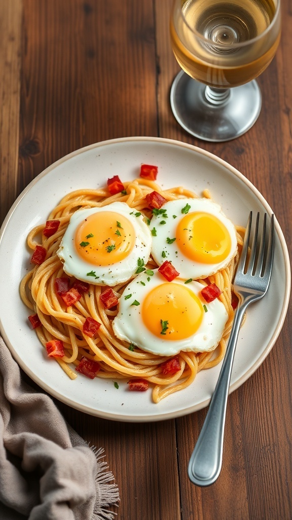 A plate of creamy bacon and egg pasta topped with fried eggs and diced tomatoes.