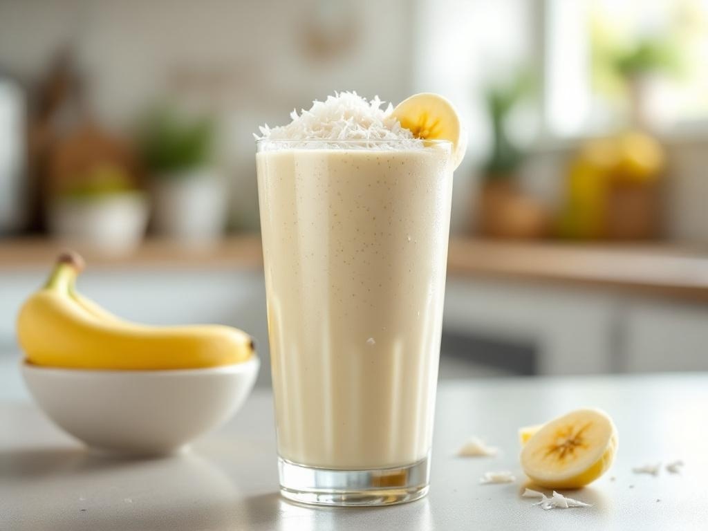 A creamy banana coconut smoothie in a glass with a banana and coconut flakes on top.