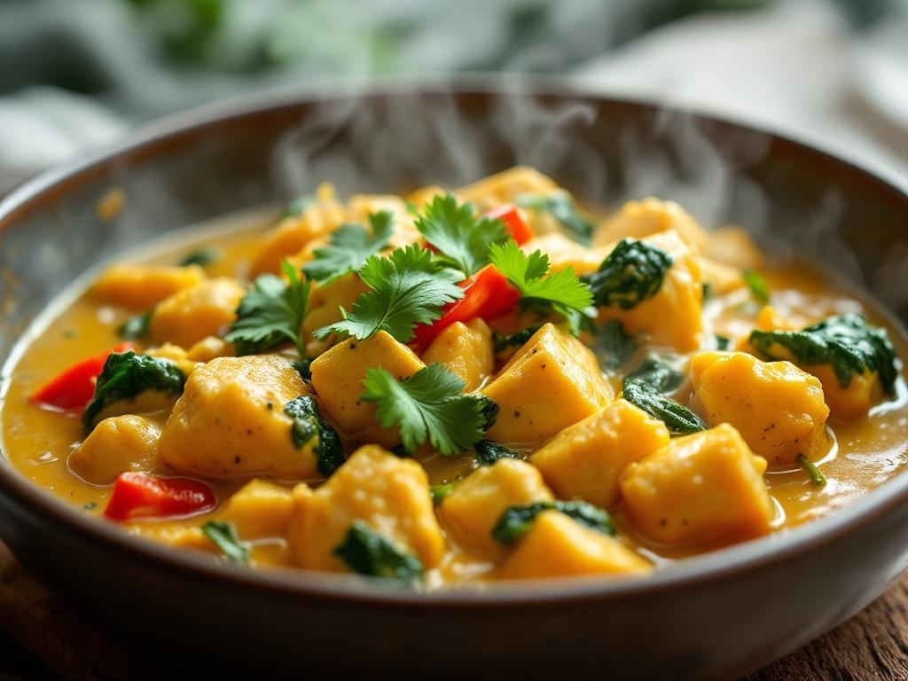 A bowl of creamy coconut curry chicken with colorful vegetables and herbs