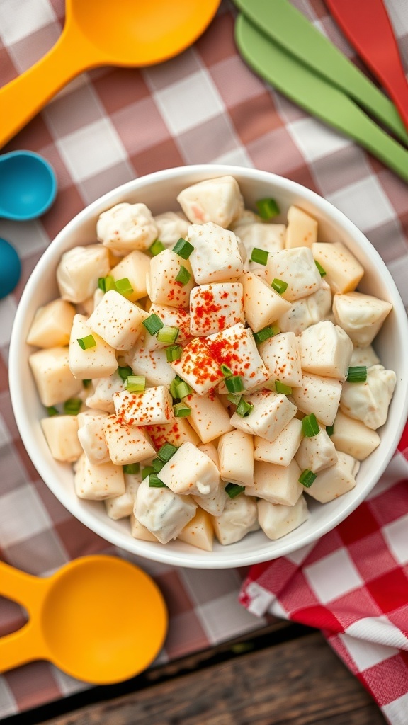 A bowl of creamy potato salad garnished with green onions and paprika, surrounded by colorful spoons.