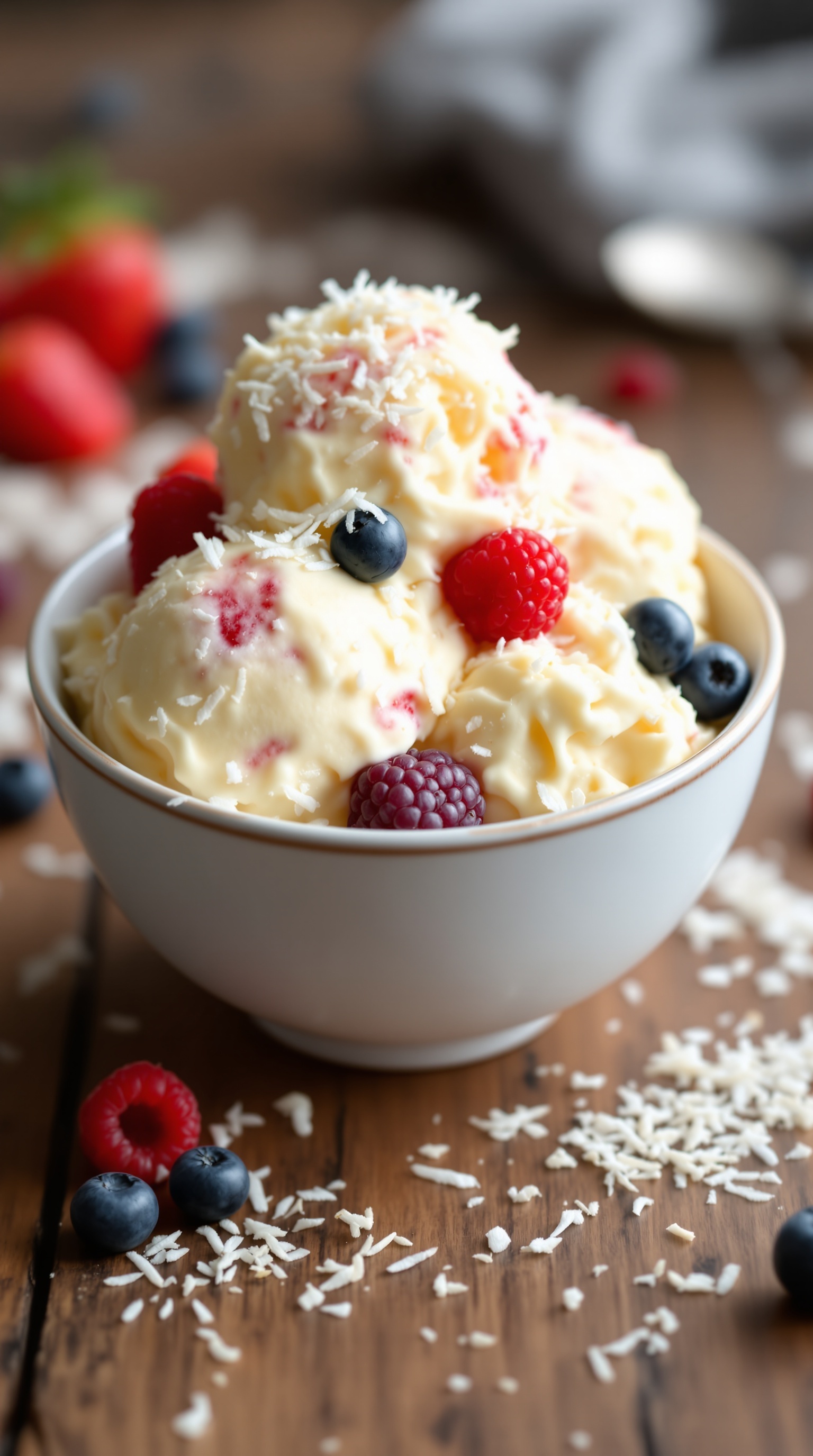 A bowl of creamy vanilla paleo ice cream with coconut swirls, topped with fresh berries.