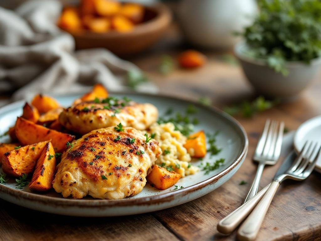 A plate of crispy baked chicken thighs served with roasted sweet potatoes, garnished with parsley.