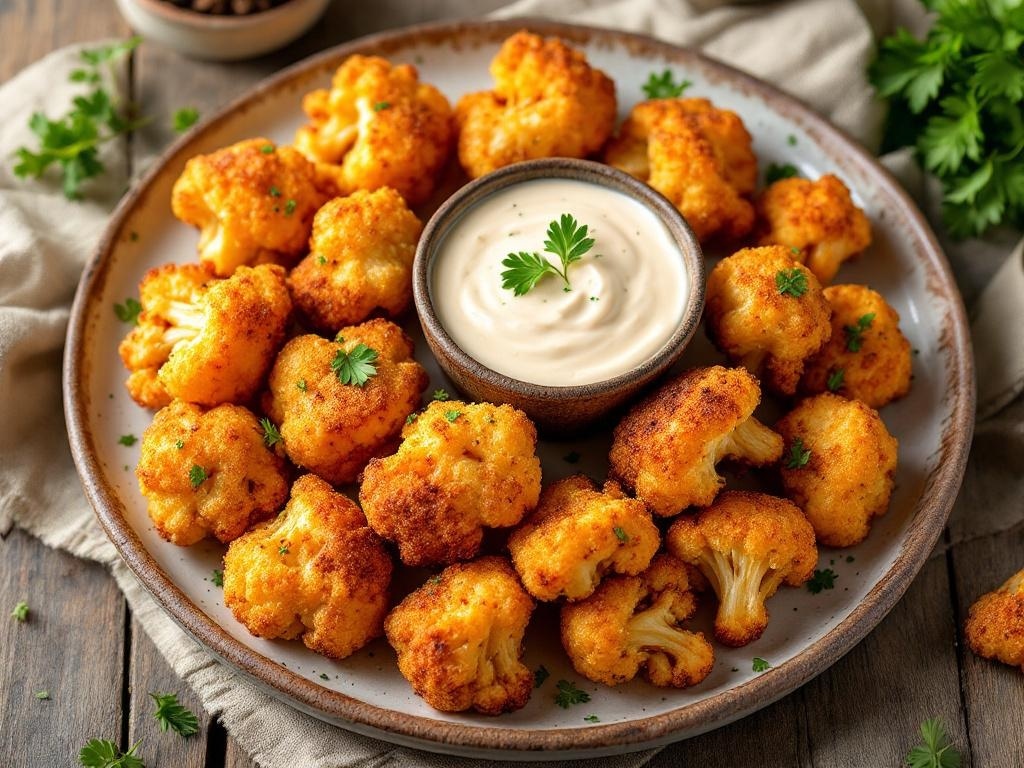 A plate of crispy cauliflower bites served with a creamy dipping sauce.