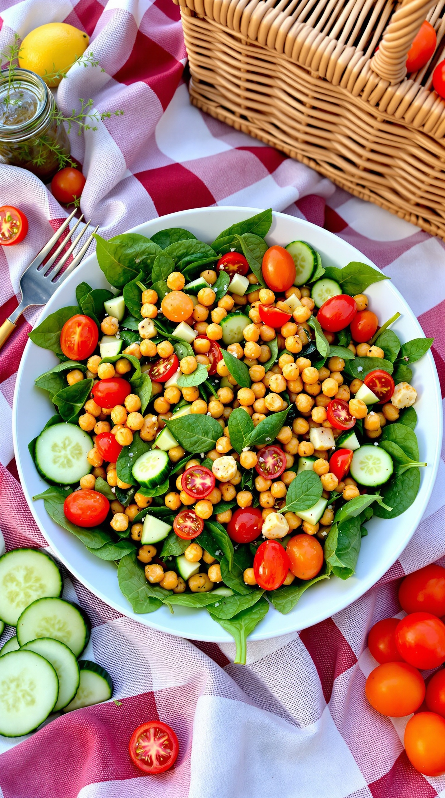 A colorful bowl of crispy chickpea and spinach salad with cherry tomatoes and cucumbers, set on a picnic blanket.