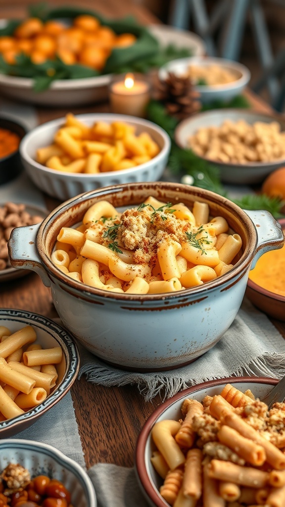 A warm bowl of mac and cheese in a crockpot, surrounded by various snacks and sides.