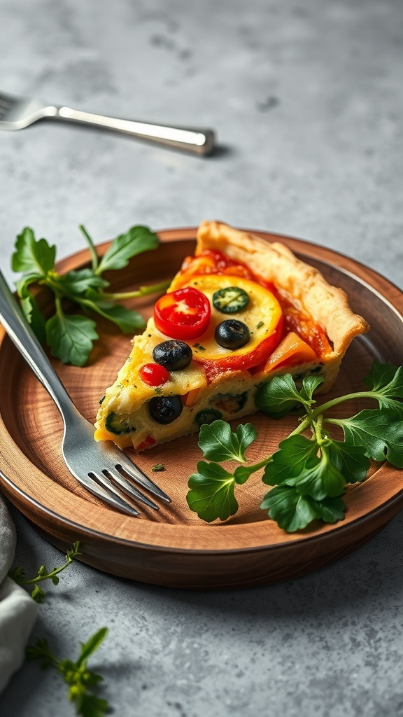 A slice of crustless quiche on a wooden plate, garnished with greens and colorful vegetables.