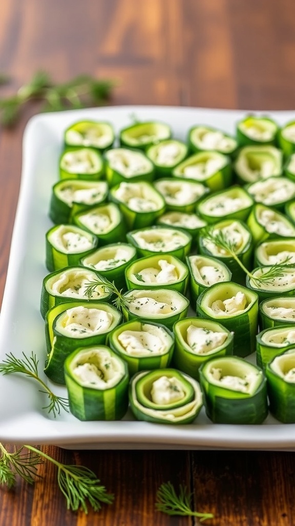 A platter of cucumber roll ups filled with cream cheese and herbs.