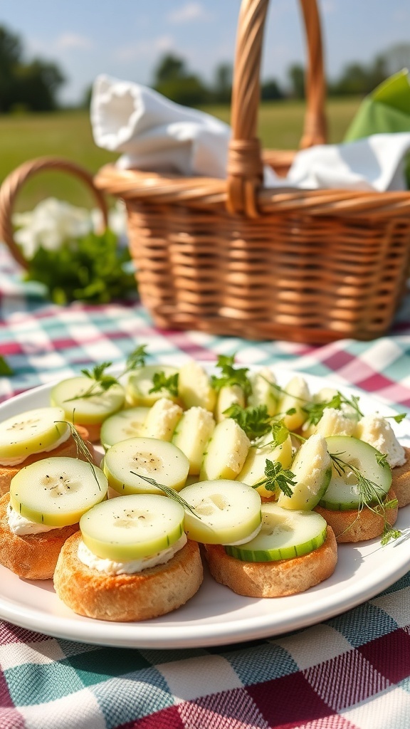 A plate of cucumber sandwiches with fresh herbs, set on a picnic blanket with a basket in the background.