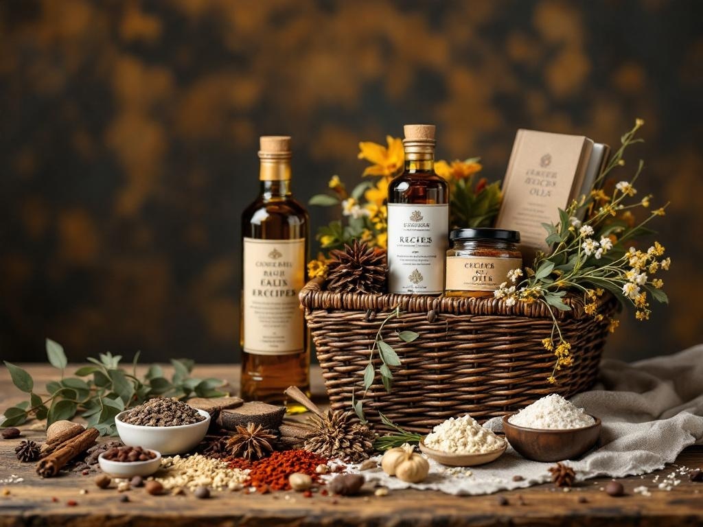 A woven basket filled with gourmet oils, spices, and herbs, surrounded by fresh flowers.