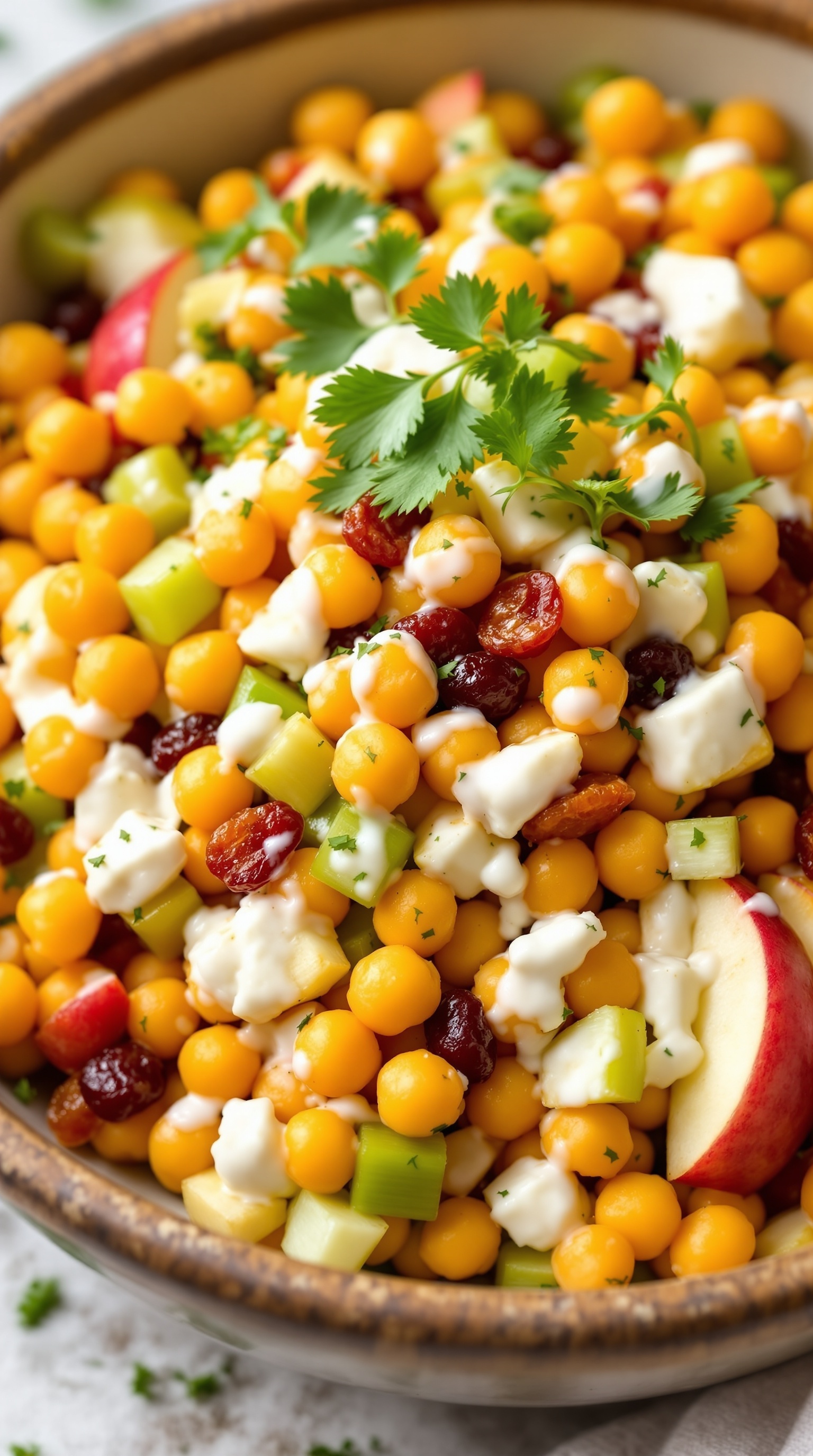 A colorful bowl of Curried Chickpea & Cottage Cheese Salad with chickpeas, diced apples, celery, raisins, and a light curry-yogurt dressing.