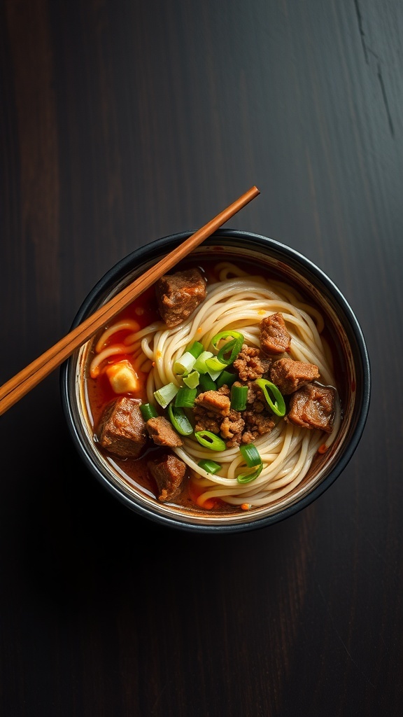 A bowl of Dan Dan Noodles topped with green onions and meat.