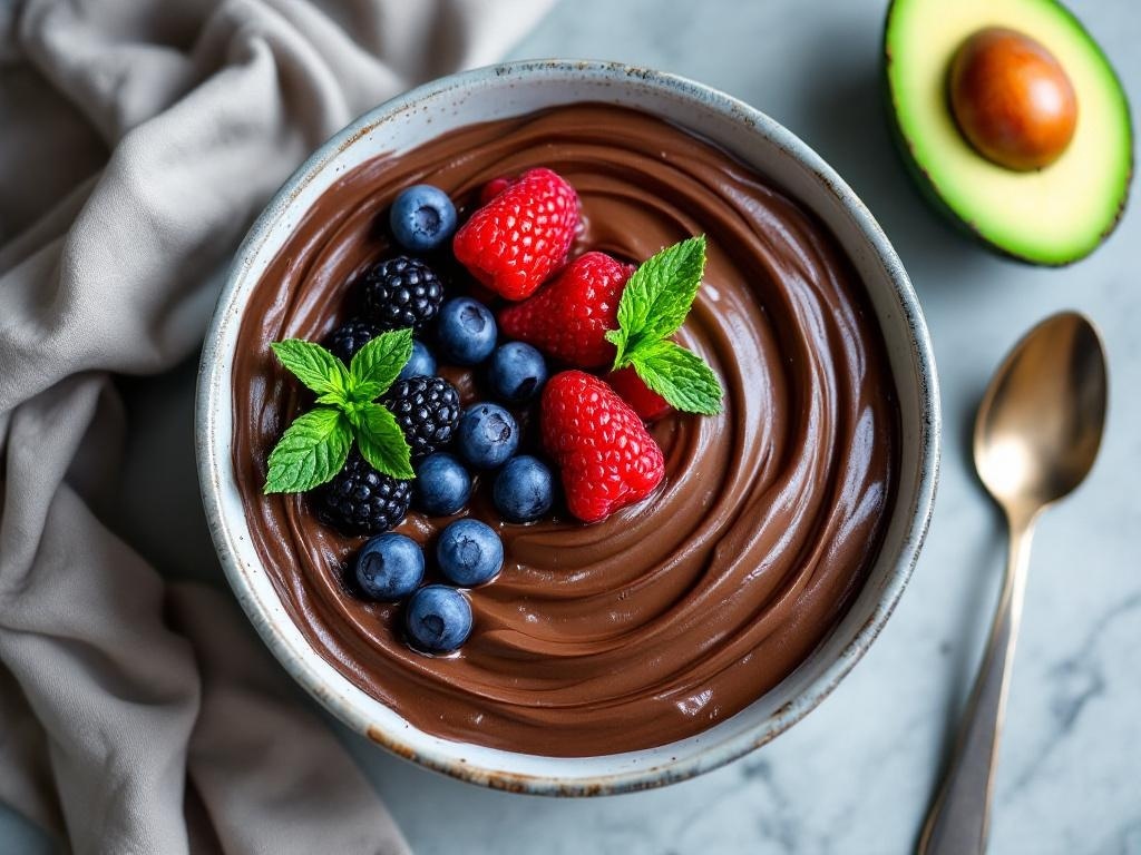 A bowl of chocolate avocado pudding topped with fresh berries and mint leaves, with an avocado in the background.