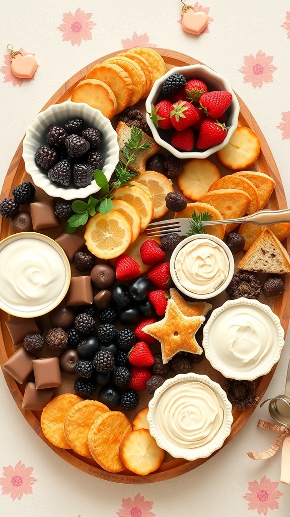 A beautifully arranged dessert charcuterie platter with fruits, chocolates, and creamy dips.