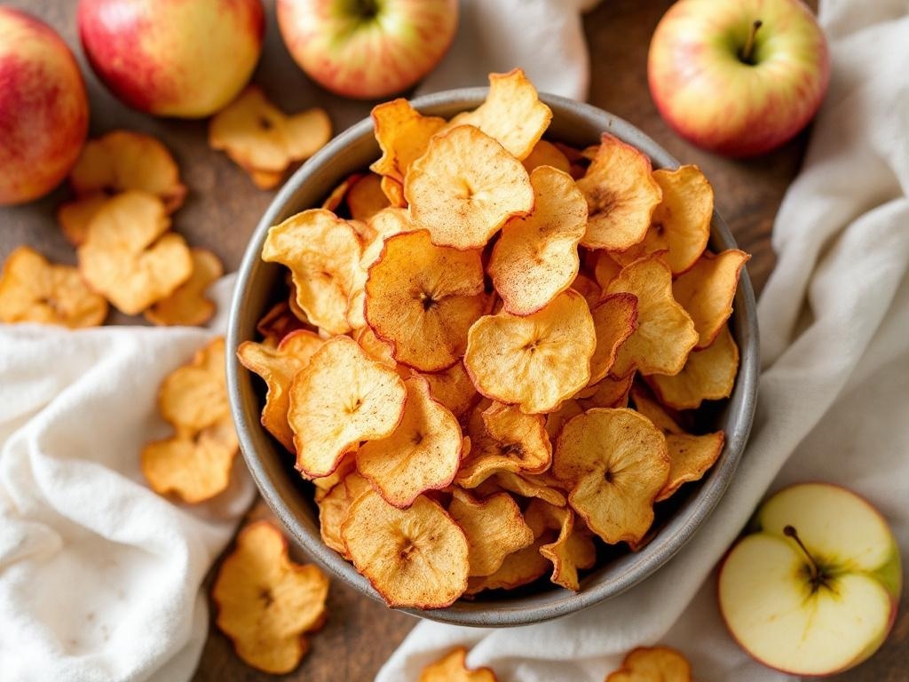 A bowl of golden apple chips with fresh apples around it.