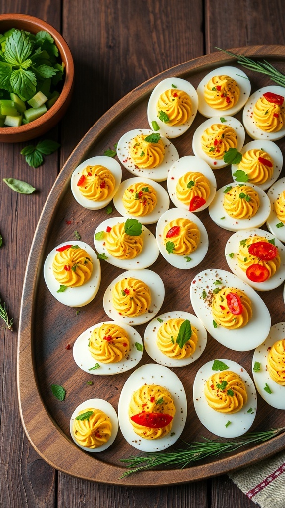 A wooden tray filled with beautifully garnished deviled eggs, showcasing a variety of toppings.