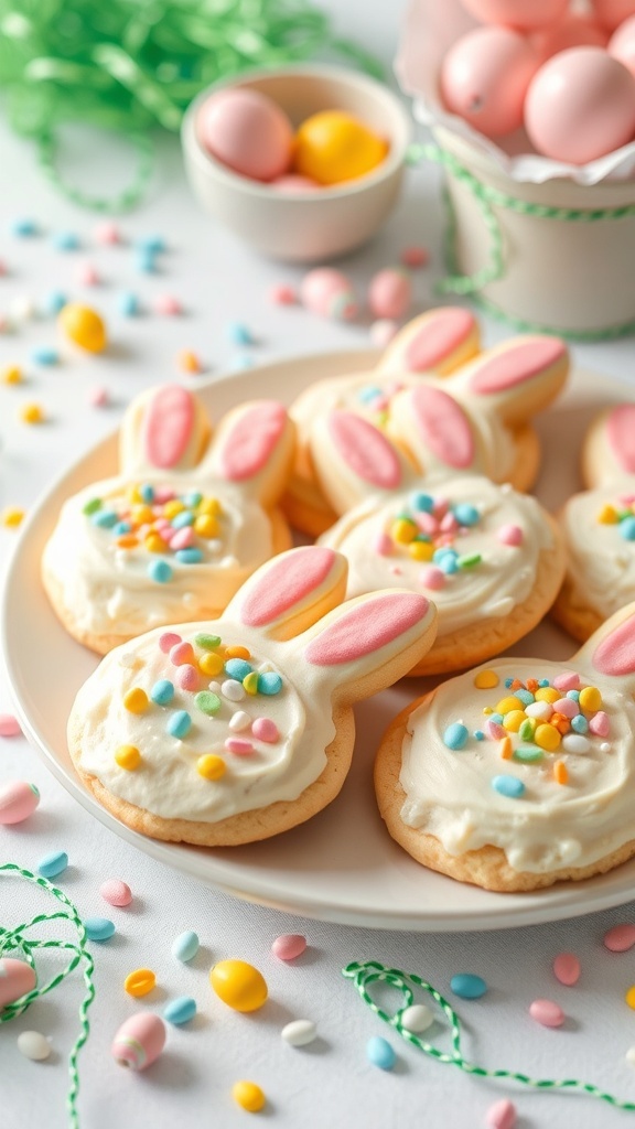 Easter-themed cookies shaped like bunnies with colorful sprinkles and candy eggs