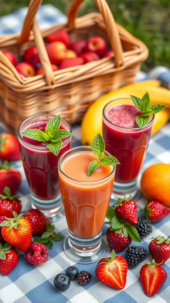 Three colorful berry smoothies in glasses, surrounded by fresh berries and a picnic basket.